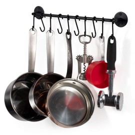 Wallniture Cucina 16" Wall Mount Kitchen Organization Storage Rail with 10 S Hooks for Hanging Pots and Pans Set and Lid Organizer, Black