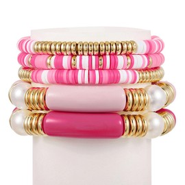 COLORFUL BLING 5-12Pcs Bohemian Love Heart Bead Bracelets for Women Vinyl Disc Heishi Surfer Stackable Stretch Bracelet Summer Beach Boho Jewelry-5pcs pink long bar
