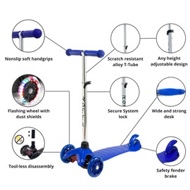 Rofft Mini-881 Kids Kick Scooter, LED Lighted Wheels and 3 Adjustable Height Handlebars, Lean-to-Steer & Widen Anti-Slip Deck, 3 Wheel Scooter Unisex for Ages 3-6 and up to 85 Lbs
