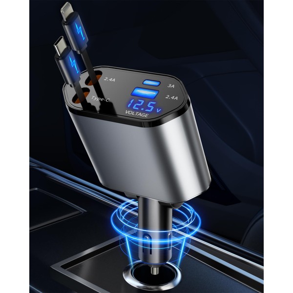 BERTHALESS Retractable Car Charger, 4 in 1 Fast Charging Car
