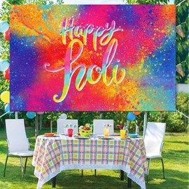 LOONELO Happy Holi Backdrop Banner with 70.8"X43.3", Hindu Colorful Powder Graffiti Handprint Pattern Photography Background Sign Decoration for Indian Festival Decor Photo Booth Studio Props