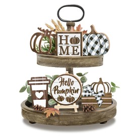 Guoofu 7 Pcs Fall Thanksgiving Tiered Tray Decor, Autumn Harvest Hello Pumpkin Coffee Farmhouse Wood Decorations Set, Buffalo Plaid Rustic Wooden Decorative Signs for Home Table Shelf