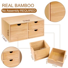 Charmewooden Bamboo Desk Organizer with Drawers Makeup Storage Drawer 3 Drawers Tabletop Storage Organization Desktop Drawers for Countertop Home Office Workspace Bathroom Toiletries Supplies