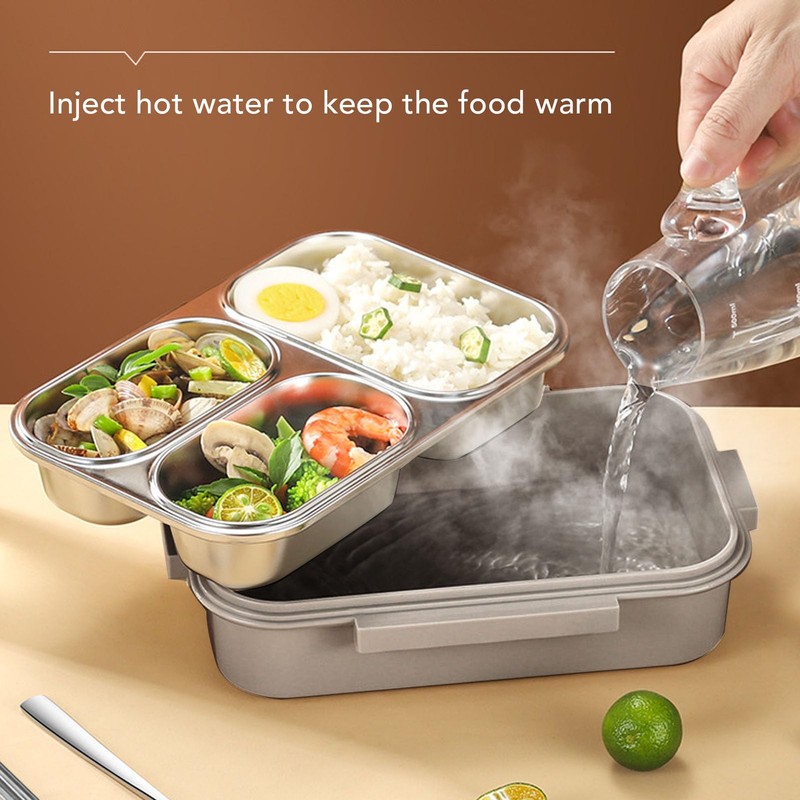 Lunch Box, 1.2L Khaki Stainless Steel Lunch Container 3 Compartments