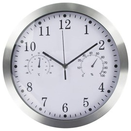 Timelike Wall Clock with Temperature Display and Humidity Meter, Bath Wall Clock with Silent Stainless Steel Frame