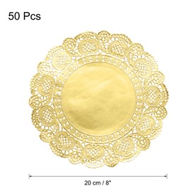 sourcing map 50 Pcs Gold Lace Paper Doilies 8 Inch Round Paper Doilies Tableware Disposable Foil Lace Paper Decorative Paper Placemats for Wedding, Birthday, Cakes, Desserts, Tableware Food