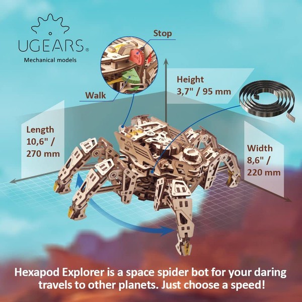UGEARS Hexapod Explorer 3D Puzzle - Father's Day Gift - Model Kits for Adults with Powerful Spring Motor - 3D Wooden Puzzles 3D Puzzles, Wooden Robot Runs up to 3 m