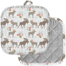 [Pack of 2] Pot Holders for Kitchen, Washable Heat Resistant Pot Holders, Hot Pads, Trivet for Cooking and Baking (Moose Flower)