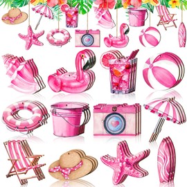 Summer Tree Decorations 36 Pieces Wooden Pendants Summer Hawaiian Decoration Wooden Window Decoration Pink Hanging Wooden Decoration for Hanging Window with Rope for Beach Tropical Party Hawaiian