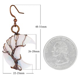 TUMBEELLUWA Crescent White Shell Crystal Tree Earrings Half Moon Handmade Wire Wrapped Dangle Drop Earrings for Women, Copper Color