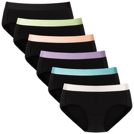 POPKOK Womens Underwear Cotton Hipster Panties With Soft Wide Waistband 6 Pack(Small, Black With Colored Waistband)