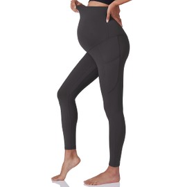 POSHDIVAH 2Pcs Women's Maternity Workout Leggings Over The Belly Pregnancy Yoga Pants with Pockets Soft Active Wear Work Pants Black Gray Large