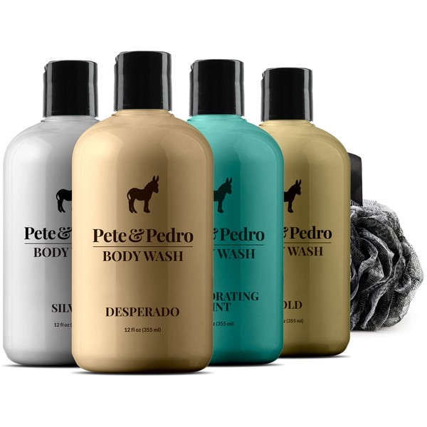 Pete & Pedro BODY WASH VARIETY 4-PACK SET - Men's Premium Leather, Cool Water, Rum, and Fresh Mint Scented Bodywashes, Includes a Loofah | As Seen on Shark Tank, 12 oz. Each