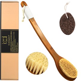 ICANdOIT-17.71Inch Natural Stiff Sisal Bristles Anti-Slip Long Handle Bath Brush,Bent Handle Shower Scrubber for Exfoliating,Shower Back Brush,Exfoliation Set with Pumice Stone(1 Pack)