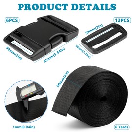 TERLUNNSI Buckle Webbing Set 20 mm, 6 Yards Black Nylon Webbing, 6 Pieces Quick Release Buckles, 12 Pieces Tri-Glide Slides, Robust Double Adjustable Backpack Buckle for Backpack DIY, black, 38 mm