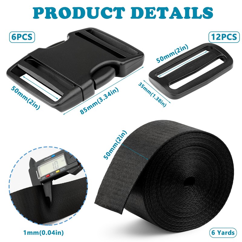 TERLUNNSI Buckle Webbing Set 20 mm, 6 Yards Black Nylon