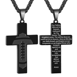 GLITTO Football Cross Necklace for Boys Men Stainless Steel Pendant Chain Religious Christian Baptism First Communion Confirmation Stuff Gear Accessories Jewelry Gift Lord's Prayer Black