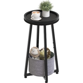 HOOBRO Small Round Side Table, 2-Tier Round Sofa End Table, Compact Nightstand with Fabric Storage Basket, for Small Space, Living Room, Bedroom, Dorm, Black and Gray BB183BZ01