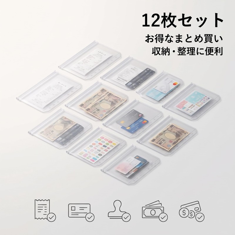 バインダーポケットA6 ファスナーポケット 6穴 ルーズリーフポケット｜小物収納・防水・ファスナーで紛失防止｜家計管理・旅行・通勤に最適｜主婦・旅行者・ビジネスパーソン向け ファスナーケース (クリア(透明）02, 12)