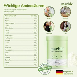 marble® Collagen Powder 500 g - Collagen Peptides Skin Glow - 60 Days Risk-free Test - Amino Acids Complex High Dose - Collagen Powder in Cardboard Box without Plastic Spoon (Matcha)