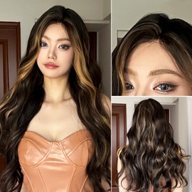 Kikone Blonde Highlights Wavy Wig for Women 28 Inch Long Body Wavy Wig with Bangs Women's Wigs Long Hair Synthetic Heat Resistant Fibre Wavy Wig for Women