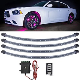 LEDGlow 4pc Pink LED Wheel Well Fender Accent Neon Lighting Kit for Cars & Trucks - 6 Patterns - Music Mode - 24" Water Resistant Flexible Tubes - Includes Control Box & Wireless Remote