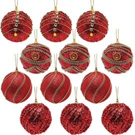 Toyland® Set of 12-80mm Glitter Baubles with Jewels/Beads - Christmas Tree Decorations (Red Glitter & Gold Beads)