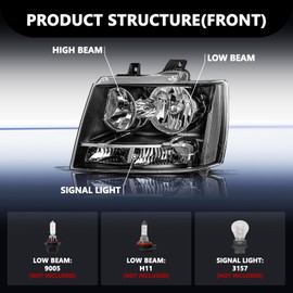 Aosky Halogen Headlights Compatible with 2007-2014 Chevy Tahoe Suburban Avalanche Head Lights Lamps Replacement Black Housing with Clear Reflector