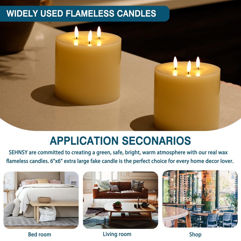 SEHNSY 3 Wick Extra Large Flameless Candles, 6"x6" Flat Battery