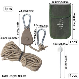 NAHUAA 4 Stück Abspannseile mit Seilspanner 4mm x 4m Reflektierend Camping Seil Einstellbare Seilratsche Abspannleine Zeltschnur mit Reflektierende Heringe für Sonnensegel Campingzelte (Braun)