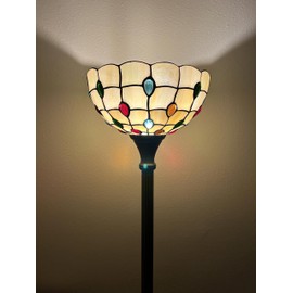 enjoy decor lamps Tiffany Torch Floor Lamp Gold Stained Glass Peacock Tail Crystal Beans LED Bulb Included for Living Room Dining Room Bedroom 12" W*12" D*66" H