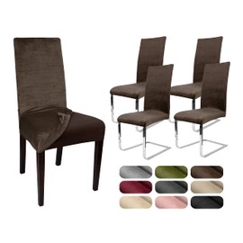BEAUTEX Set of 4 Lea Chair Covers, Elastic Plain Stretch Covers Made of Velvet Microfibre, Choice of Colours (Brown)