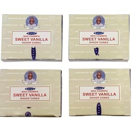 Nag Champa Sweet Vanilla Dhoop Cones, 4 Packs of 12 Cones Each, Incense for Meditation, Yoga, Relaxation, and Aromatherapy