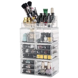 Sooyee Makeup Organizer,Make Up Organizer Stands,Acrylic Makeup Storage 10 Makeup Drawer Organizer for Bathroom, Dresser, Vanity Accessories or Countertop,Clear,4 Pieces Stackable