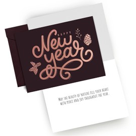 18 Happy New Year Cards with Envelopes | Dark Brown Designs with Rose Gold Foiling & Embossing | 7.25 x 5.5 Inch New Year Wishes Cards with Seal Stickers For Friends , Family and loved Ones ( 1 PACK )