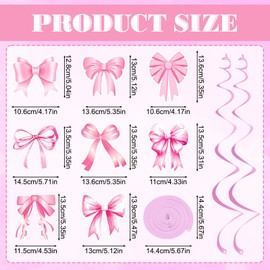 Pink Bows Birthday Party Decoration, 64pcs Bows Hanging Swirls Decoration Pink Bow Banner Coquette Garland Banner for Girls Baby Shower Wedding Valentine's Day Bachelorette Party Decorations