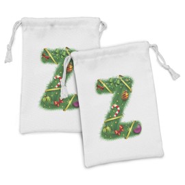 Ambesonne Christmas Alphabet Fabric Pouch Set of 2, Letter of Z with Candy Cane Ribbons Stars Print on Plain Backdrop, Small Drawstring Bag for Toiletries Masks and Favors, 9" x 6", White and Green