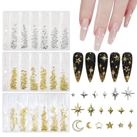 SILPECWEE 600Pcs Star Nail Charms for Nail Art, 3D Gold Silver Star and Moon Nail Art Charms Metallic Studs Rhinestones Stars Nail Jewelry Decorations Nail Accessories for Women Girls Acrylic Nails