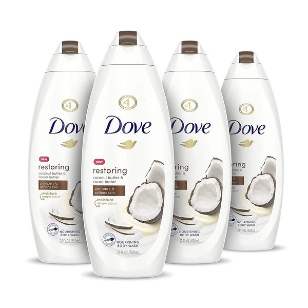 Dove Purely Pampering Body Wash for Dry Skin Coconut Butter and Cocoa Butter Effectively Washes Away Bacteria While Nourishing Your Skin 22 oz, 4 count