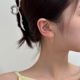 Cute Tiny Butterfly CZ Double Piercing Huggie Small Stud With Short Chain 925 Sterling Silver Wrap Earrings for Women Girls Two Holes Fashion Chic Little Climber Crawler Threader Jewelry (Gold)