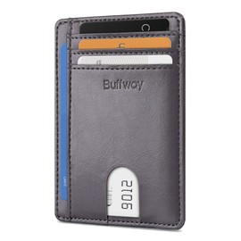 Buffway Slim Minimalist Front Pocket RFID Blocking Leather Wallets for Men and Women - Alaska Grey