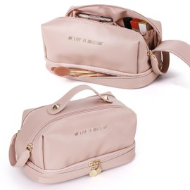 Lannvan Double Layer Zipper Cosmetic Bag, pink, Unisex