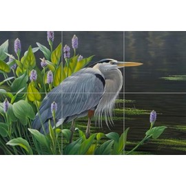 Ceramic Backsplash Tile Mural Waterfowl Bird Kitchen/Bathroom - Biding Time Great Blue Heron - Wilhelm Goebel