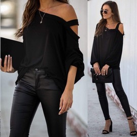 Ezbelle Women's Off Shoulder Sweater Long Sleeve Oversized T Shirts Pullover Sweatshirt Fall Outfits Ladies Sexy Tunic Tops Black Xl