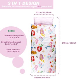 Hi Sprout Toddlers Nap Mat with Removable Pillow and Soft Blanket, Lightweight Daycare Preschool Kindergarten Sleeping Bag, Travel Slumber for Kids Girls Boys (Mermaids)