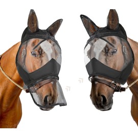 Horse Fly Mask with Ears Long Nose Full Face,Nose Net Cover Removable via Zipper Soft Mesh UV Protection (COB)