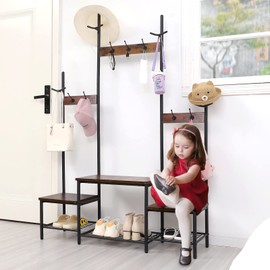 Parent-Child Hall Tree Entryway Bench with Coat Rack Sturdy Shoe Rack Storage, 3-in-1 Functional Hall Tree Industrial Rustic Wood Metal Furniture for Entrance (1+2 Rustic Brown + Black)