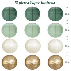 YUNXUAN Paper Lanterns Sage Green Gold Round Hanging Chinese Lanterns for Birthday Party Baby Shower Bridal Shower Decorations Pack of 12