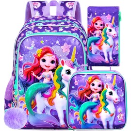 ZLYERT 3Pcs Backpack for Girls, 16" Unicorn Kids School Backpacks with Lunch Box, Mermaid Bookbag for Elementary Preschool Kindergarten(Purple)