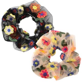 moin moin 2201hr10 Women's Hair Tie, Set of 2, White, Black, Beige/Hair Decoration, See-through, Embroidered, Flower Pattern, Flowers, Cute, Volume, Pink